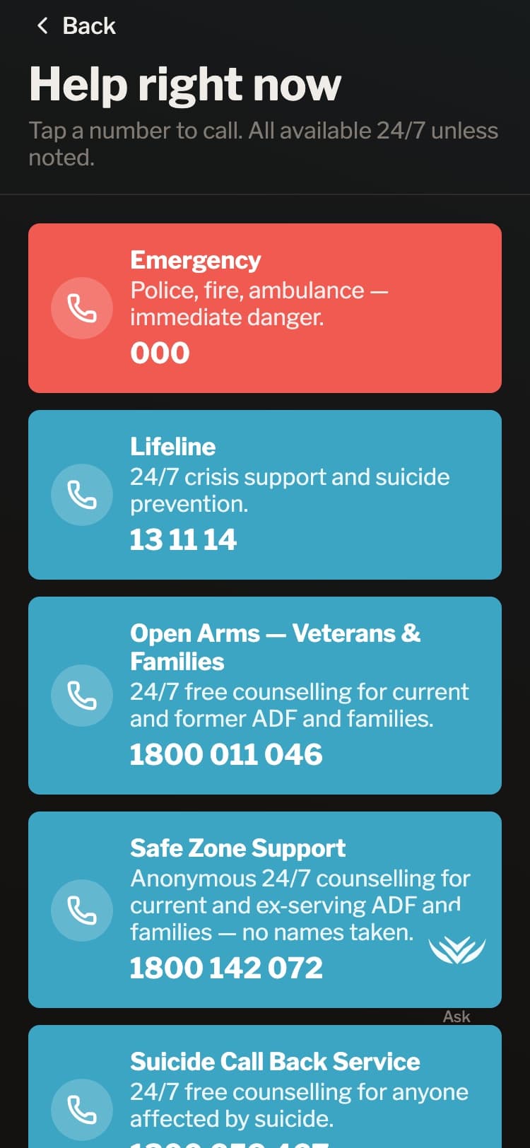 ExitBRIEF “Help right now”: one-tap crisis numbers including Lifeline and Open Arms