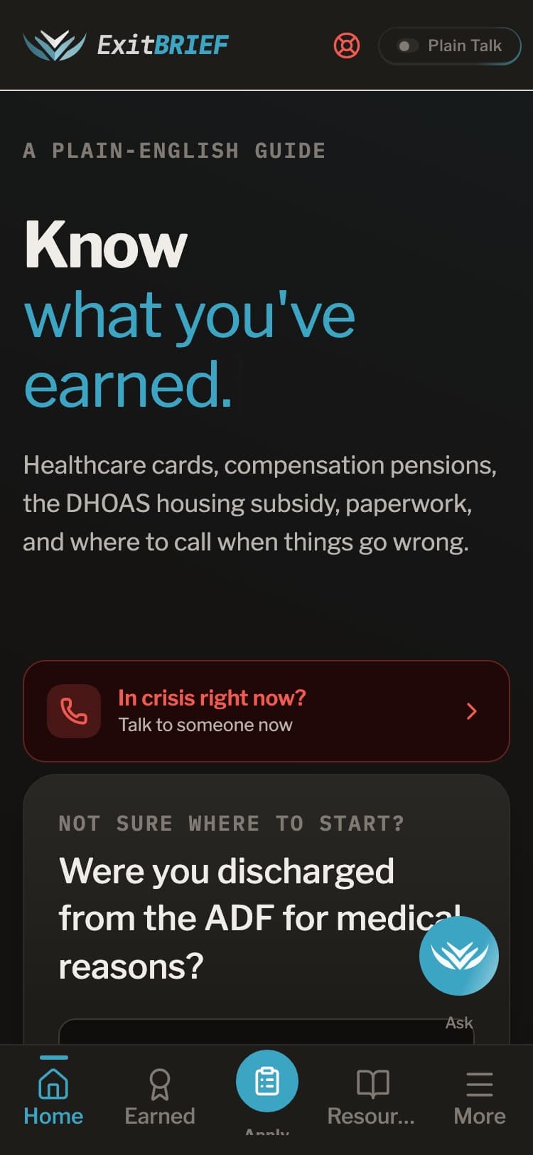 ExitBRIEF home: “Know what you’ve earned”, with an “In crisis right now?” banner above the topic cards