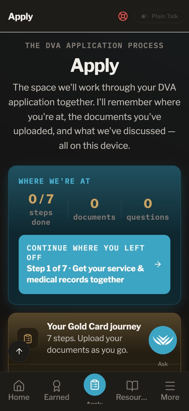 ExitBRIEF Apply screen: the Gold Card journey tracker, 0 of 7 steps done