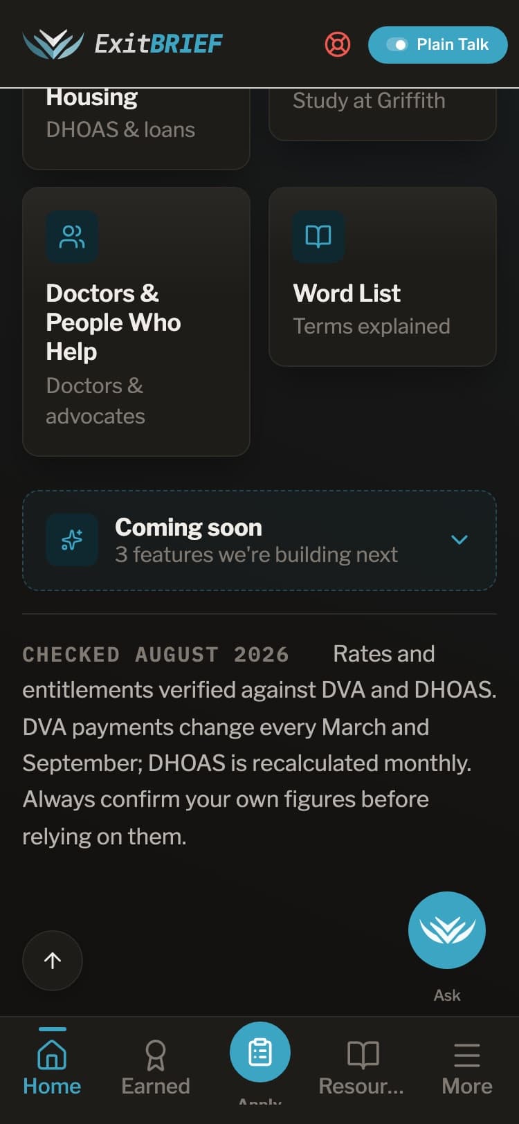 The same screen with Plain Talk on: “Doctors & People Who Help” and “Word List”