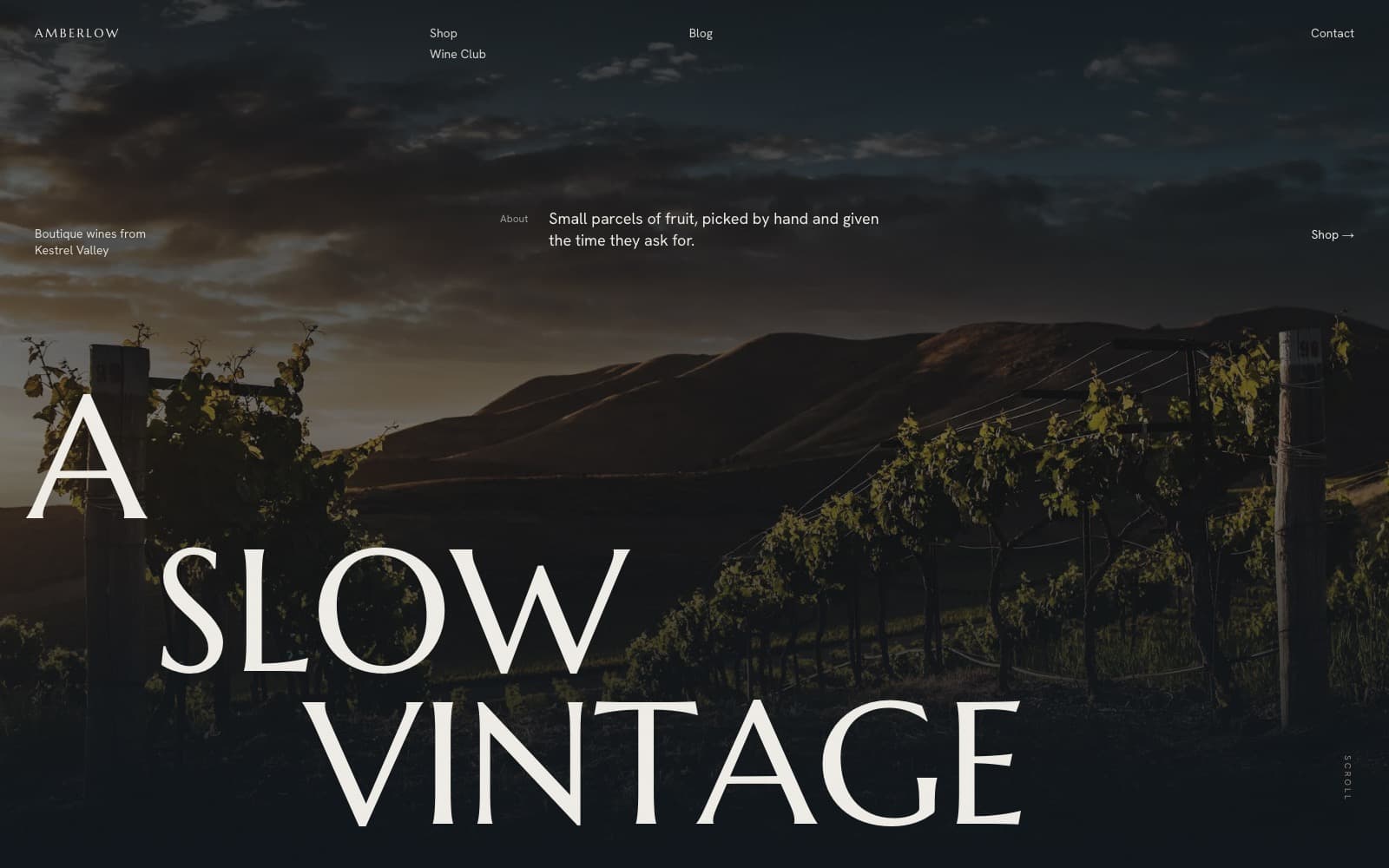 Amberlow Vineyard homepage, full-bleed hero