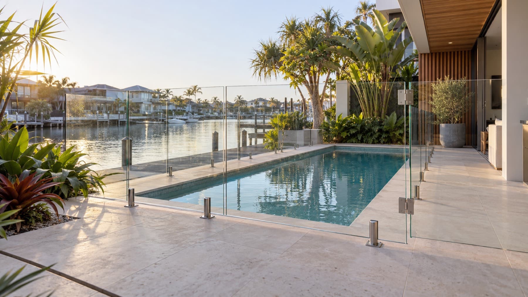 Canal-front pool with glass fencing at sunset