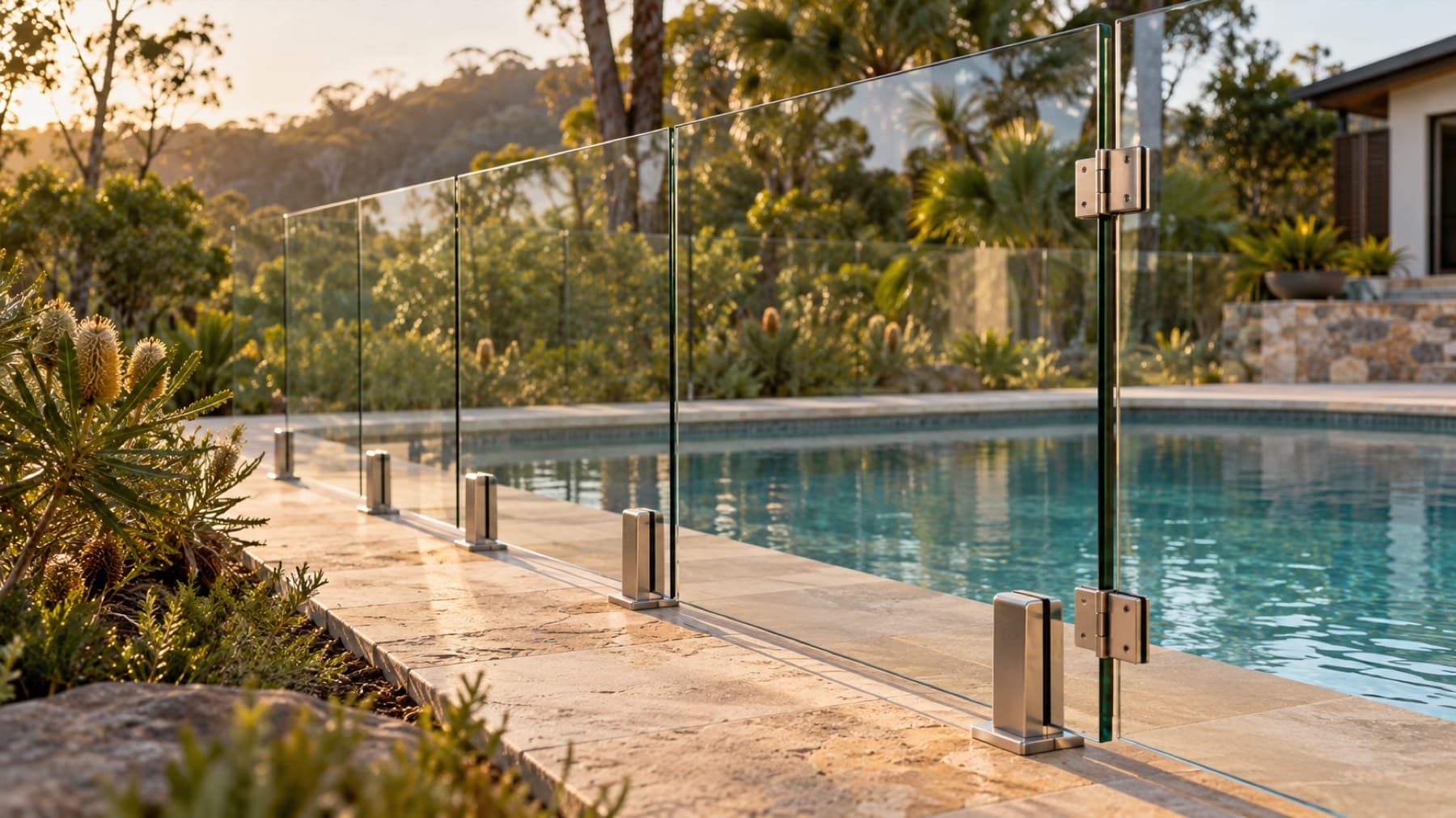 Frameless glass pool fencing, close view